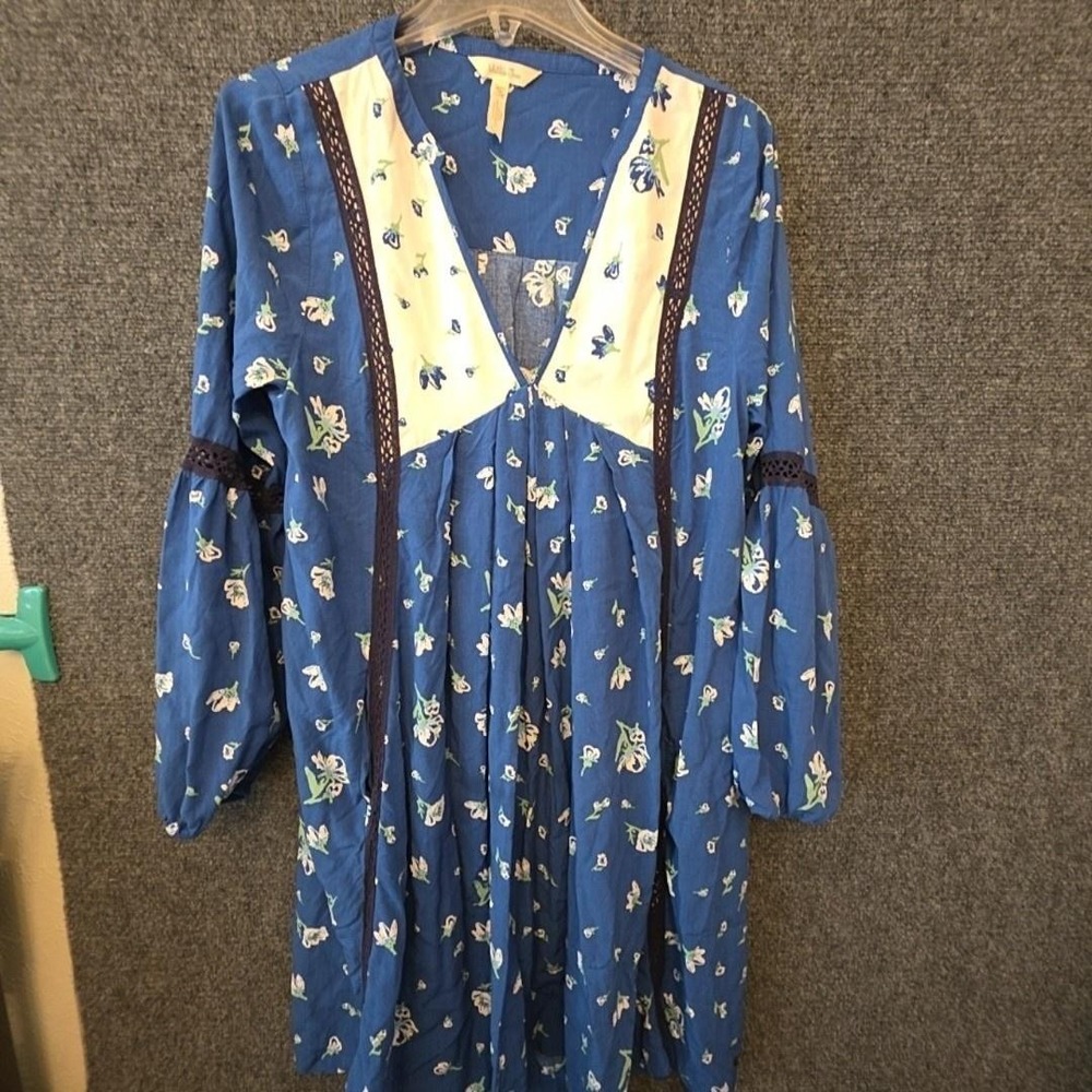 Matilda Jane Dress Womens M Blue Floral V Neck Long Sleeve Shift Boho Pockets